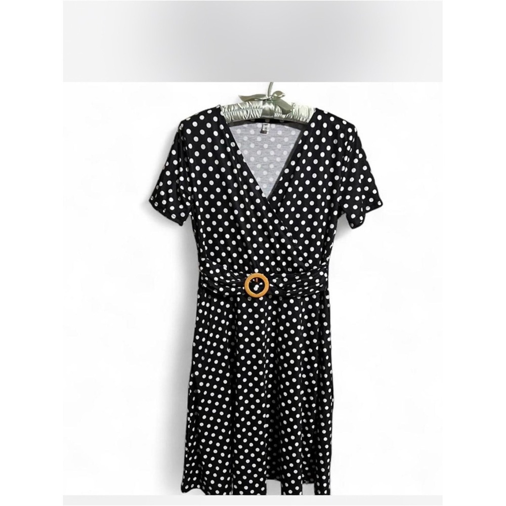 SHEIN Polka Dot Dress Womens Medium Black Excellent V-Neck Buckle A-Line